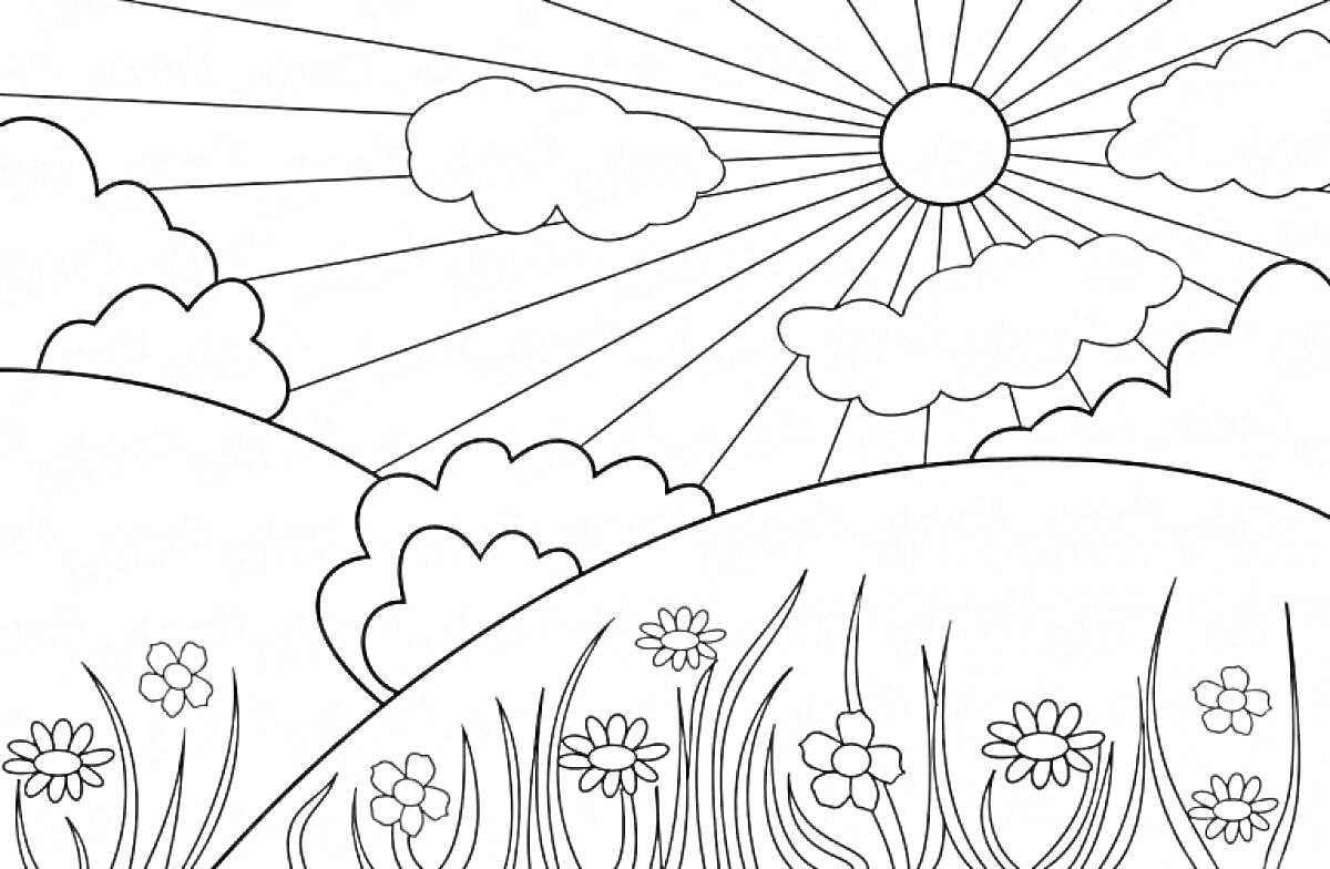 На раскраске изображено: Лето, Пейзаж, Солнце, Облака, Холмы, Трава, Цветы, Природа