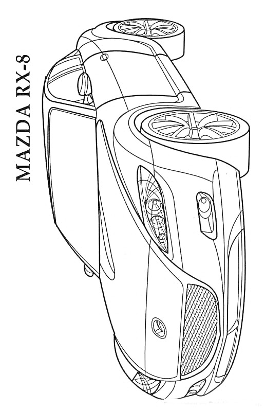Мазда RX-8, вид сбоку и немного сверху, линии кузова и деталей