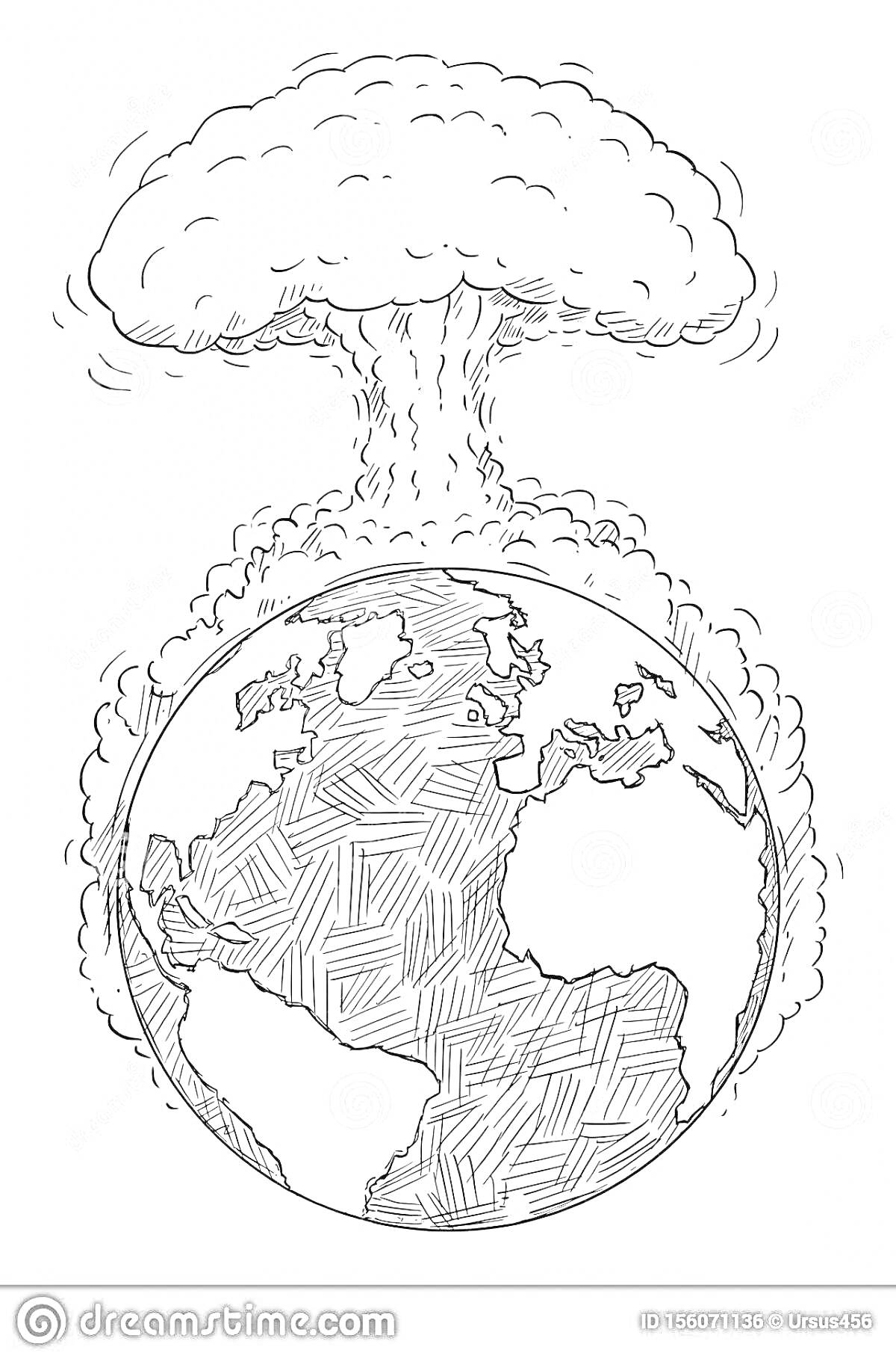 На раскраске изображено: Ядерный взрыв, Грибовидное облако, Земля, Карта мира, Европа, Африка, Контурная карта, Апокалипсис, Катастрофа, Иллюстрация