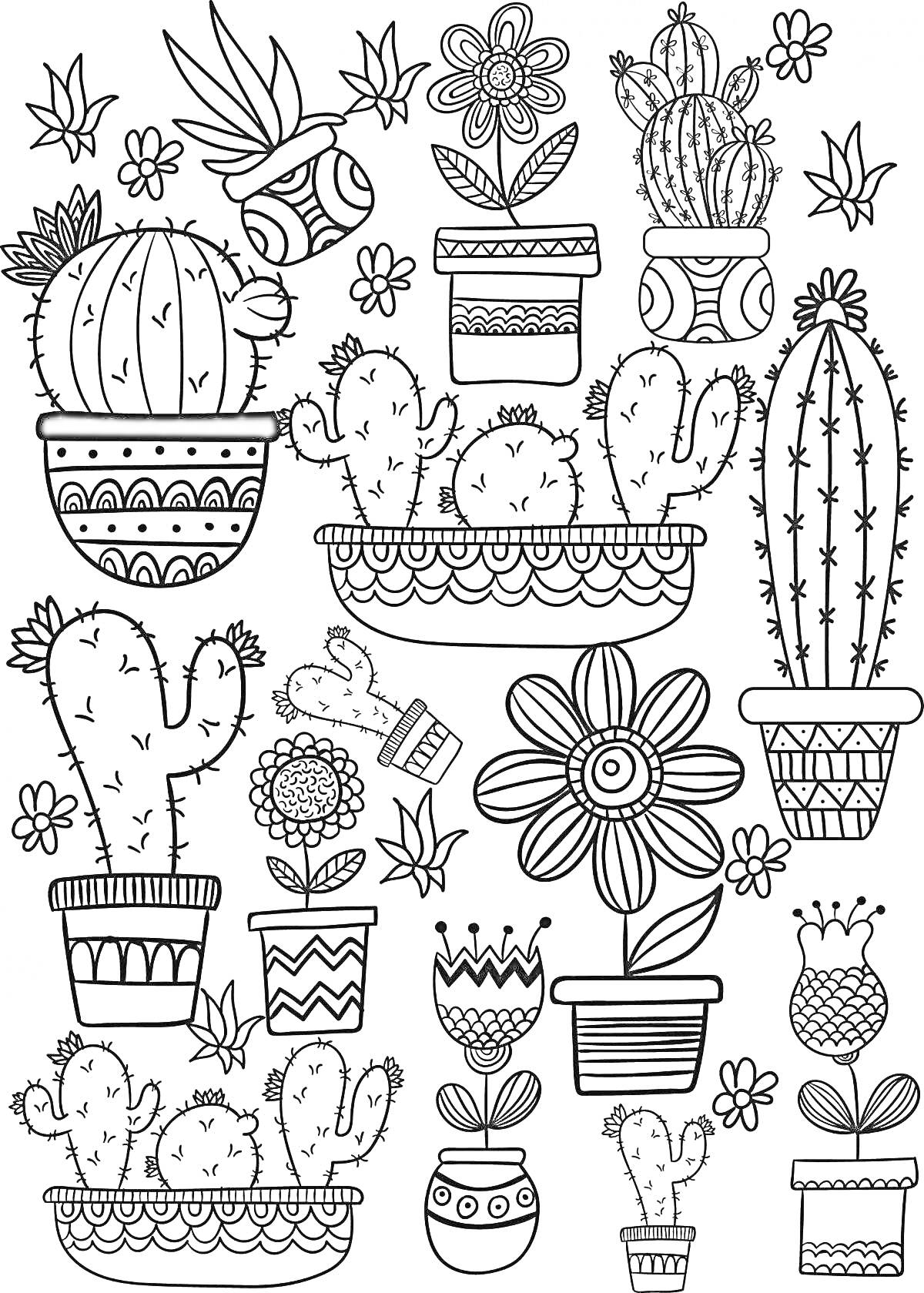На раскраске изображено: Кактусы, Цветы, Горшки, Комнатные растения, Листья, Узоры, Контурные рисунки