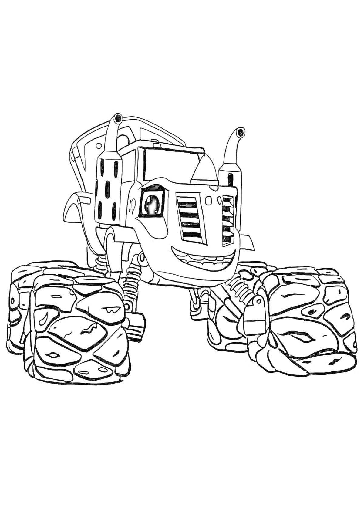 Раскраска Вспыш-робот монстр-трак с большими колесами и улыбкой