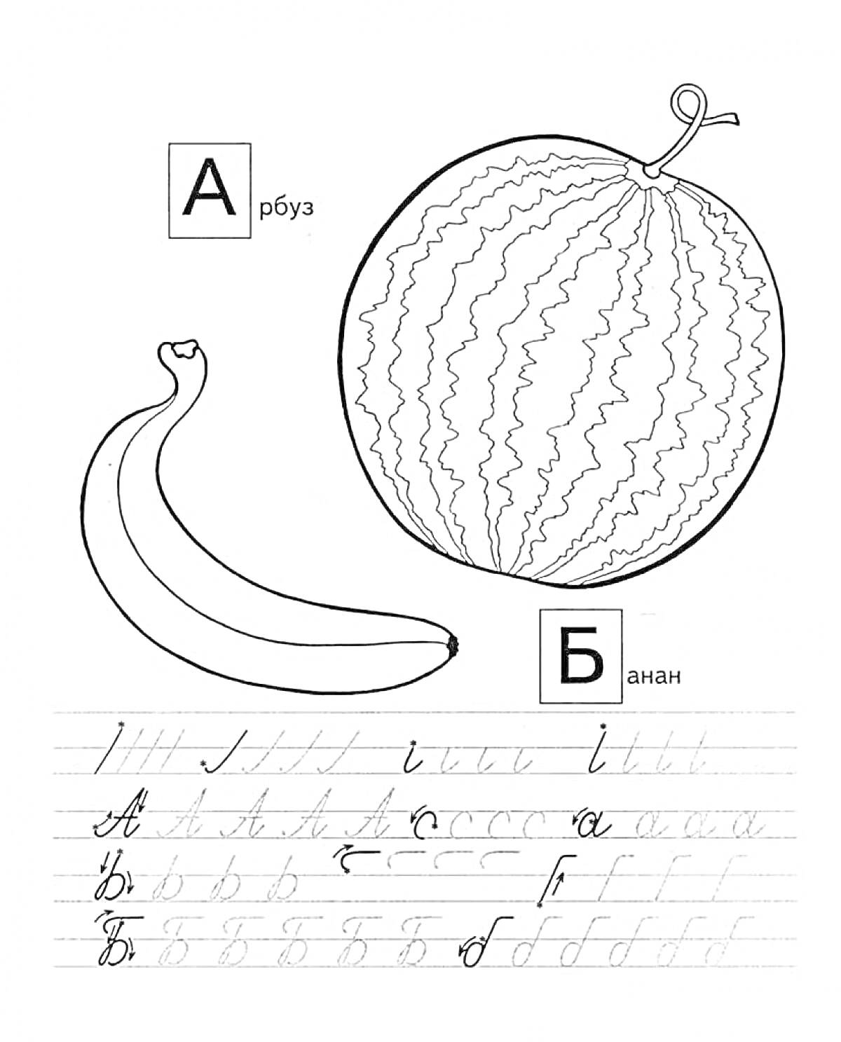 На раскраске изображено: Буква А, Буква Б, Арбуз, Банан, Прописи, Азбука