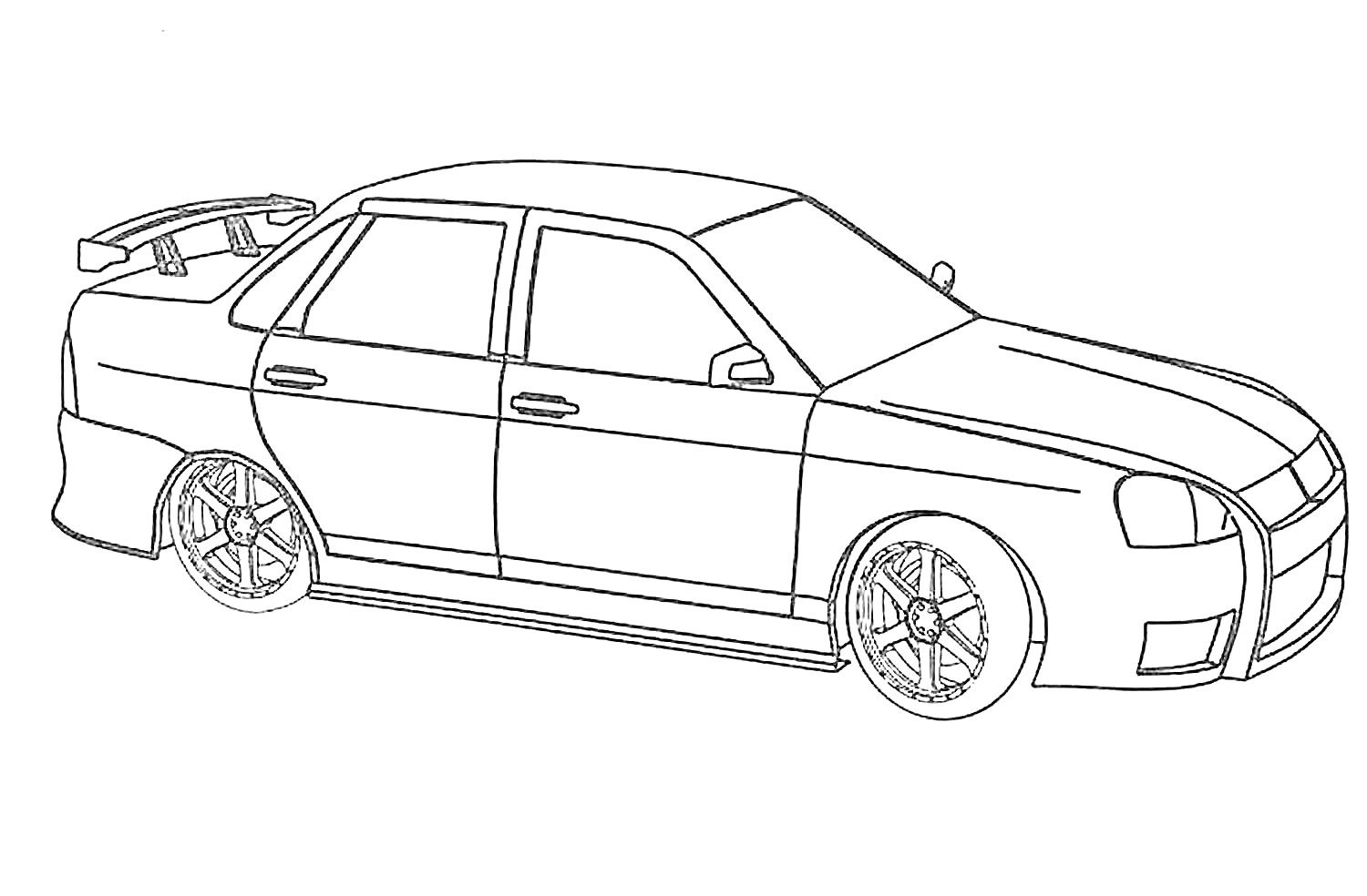 Раскраска Лада с задним спойлером, минувшими тонкими линиями колес
