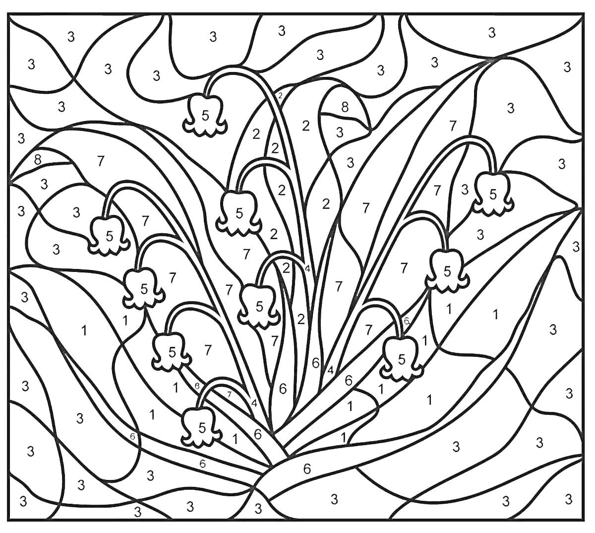 На раскраске изображено: По номерам, Ландыши, Цветы, Листья, Абстракция