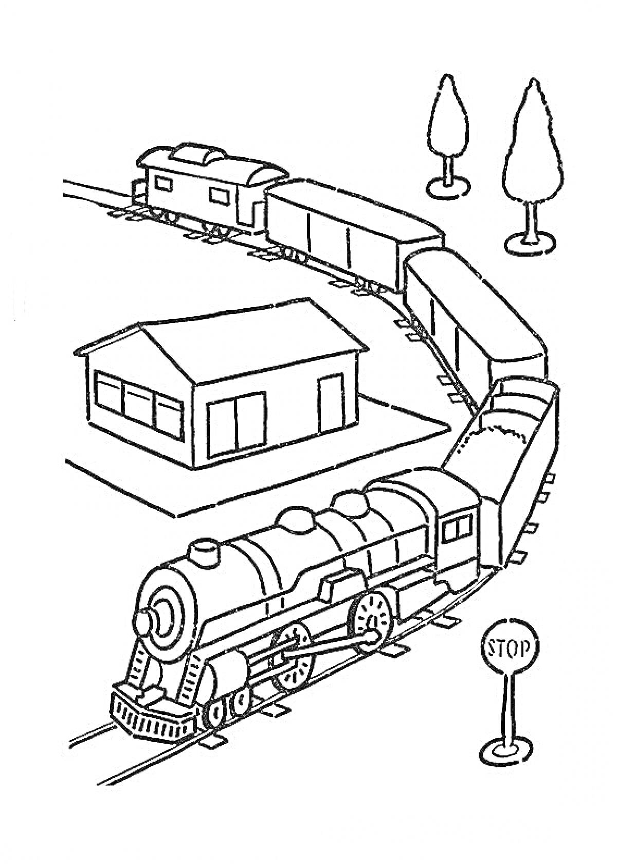 На раскраске изображено: Поезд, Железная дорога, Домик, Деревья, Вагоны, Стоп знак, Паровоз