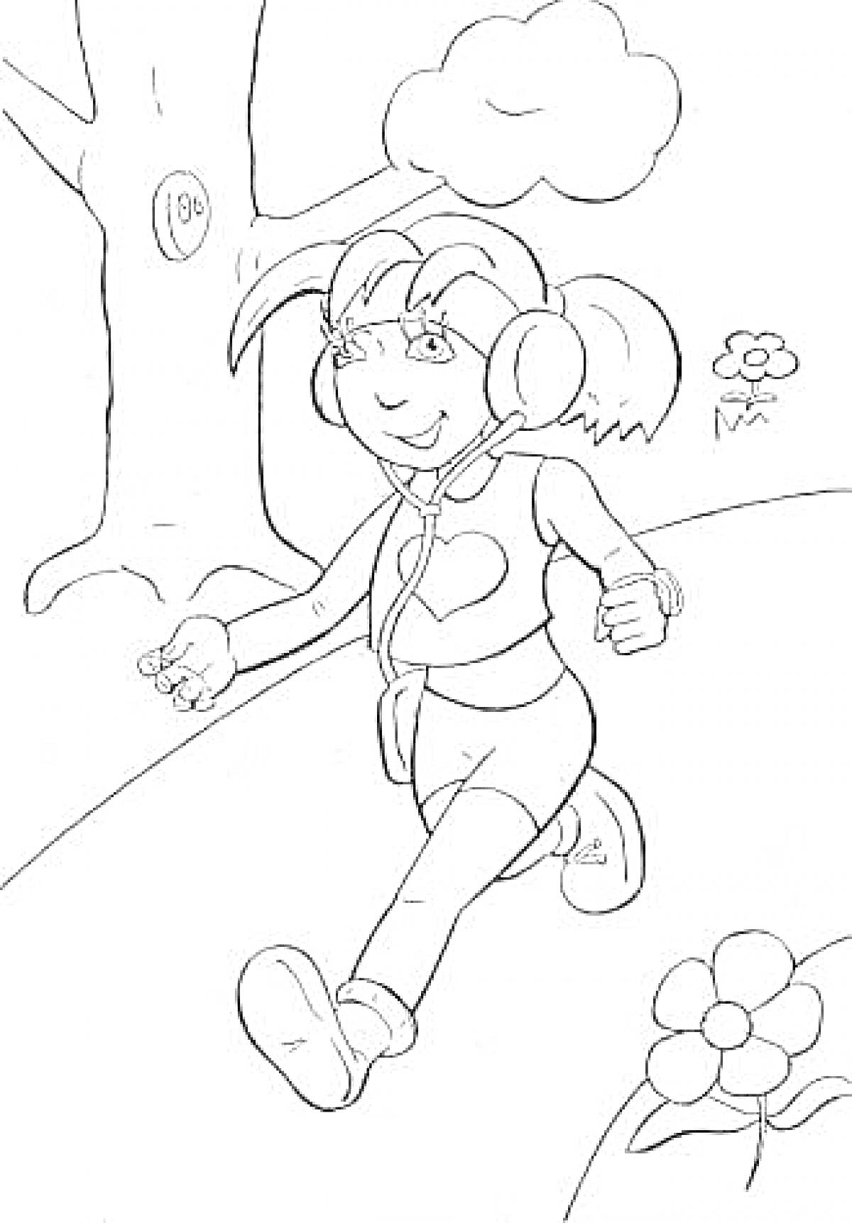 Раскраска Девочка на пробежке в парке с наушниками