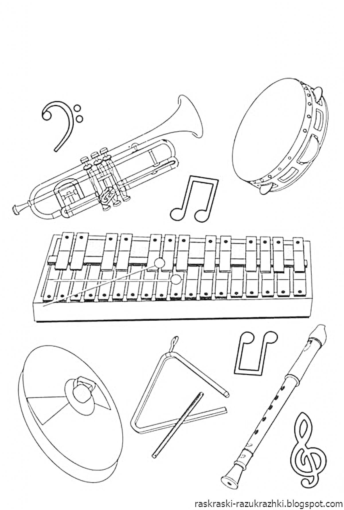 На раскраске изображено: Музыка, Музыкальные инструменты, Русские народные инструменты, Труба, Бубен, Ксилофон, Флейта, Ноты
