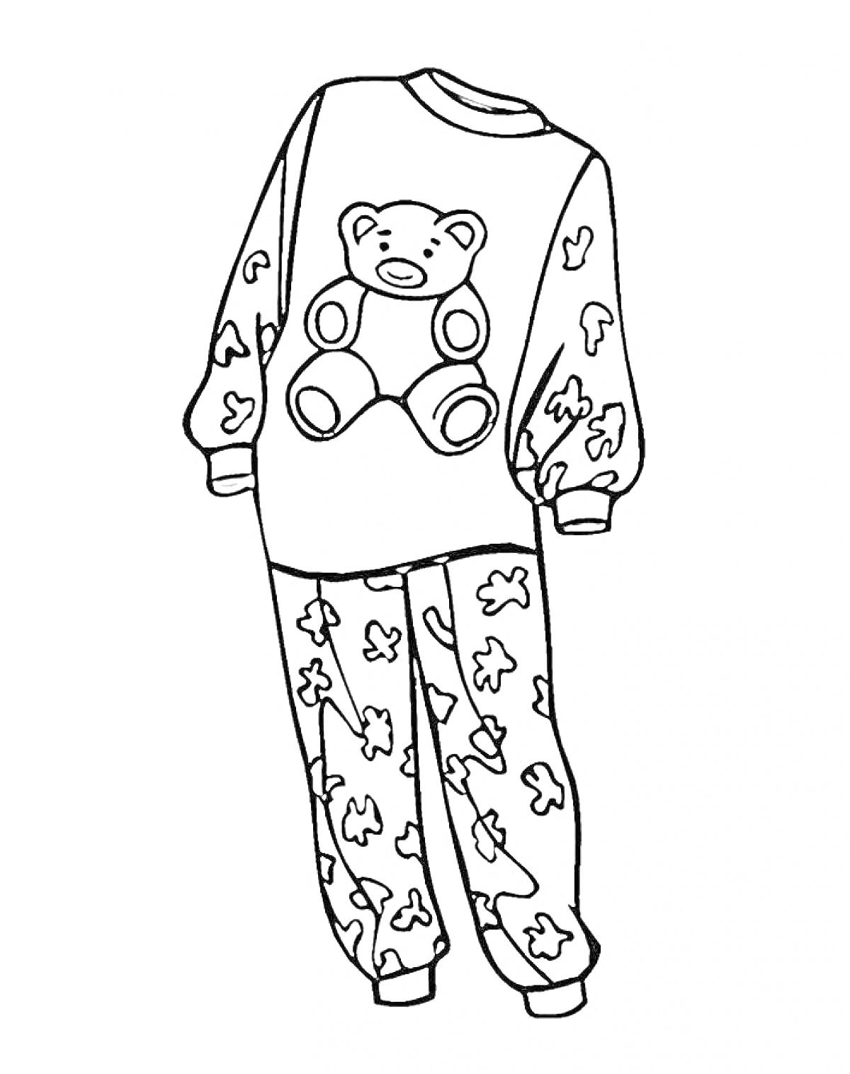 Пижама с мишкой, включающая свитер с изображением медвежонка и штаны с рисунком в виде разных медвежат.