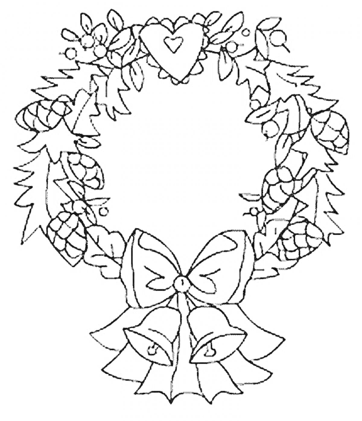 Раскраска Венок с сердцем, шишками, листьями, ягодами, бантом и колокольчиками