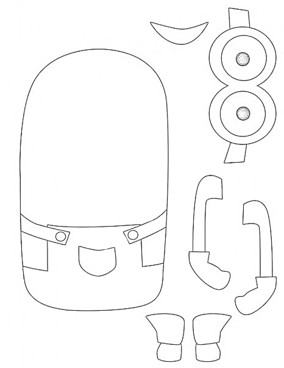 Раскраска Фигурки для аппликации миньона (тело, глаза, очки, руки, перчатки, ноги, рот)