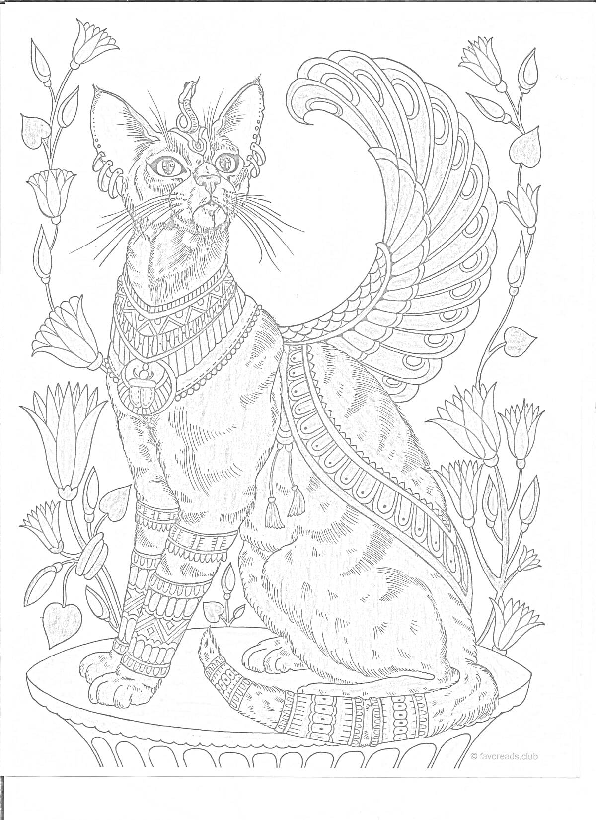 Раскраска Египетская кошка на пьедестале с цветами и украшениями
