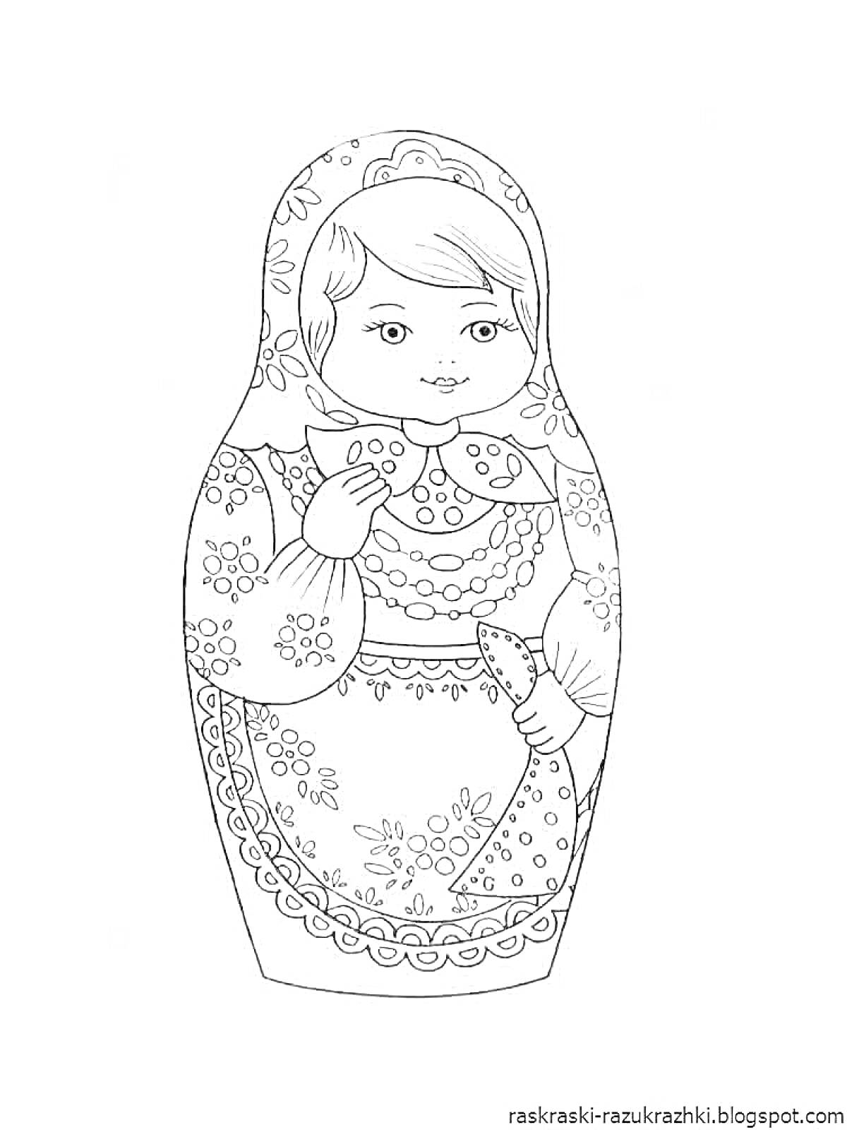 Раскраска Матрешка с цветочным узором и платком на голове