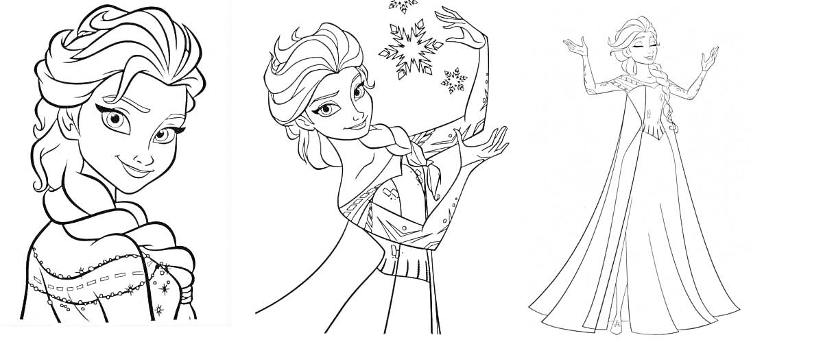 Раскраска Эльза с косой, Эльза с цветами, Эльза в длинном платье