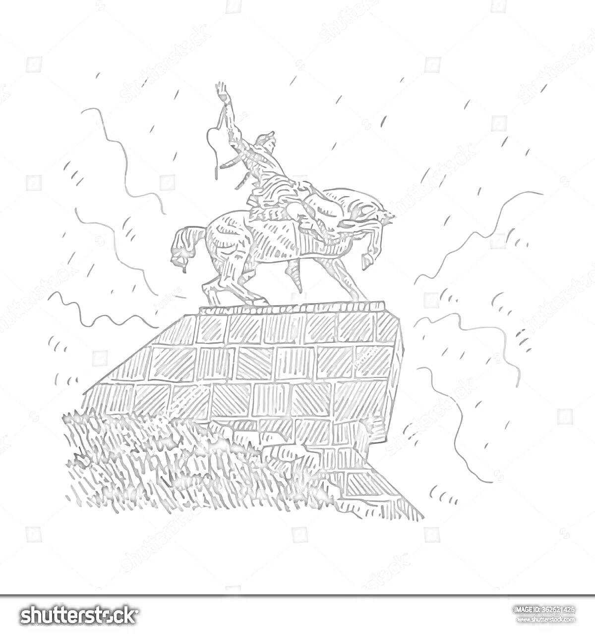 Раскраска Памятник всаднику на коне с поднятой рукой, стоящий на каменном пьедестале