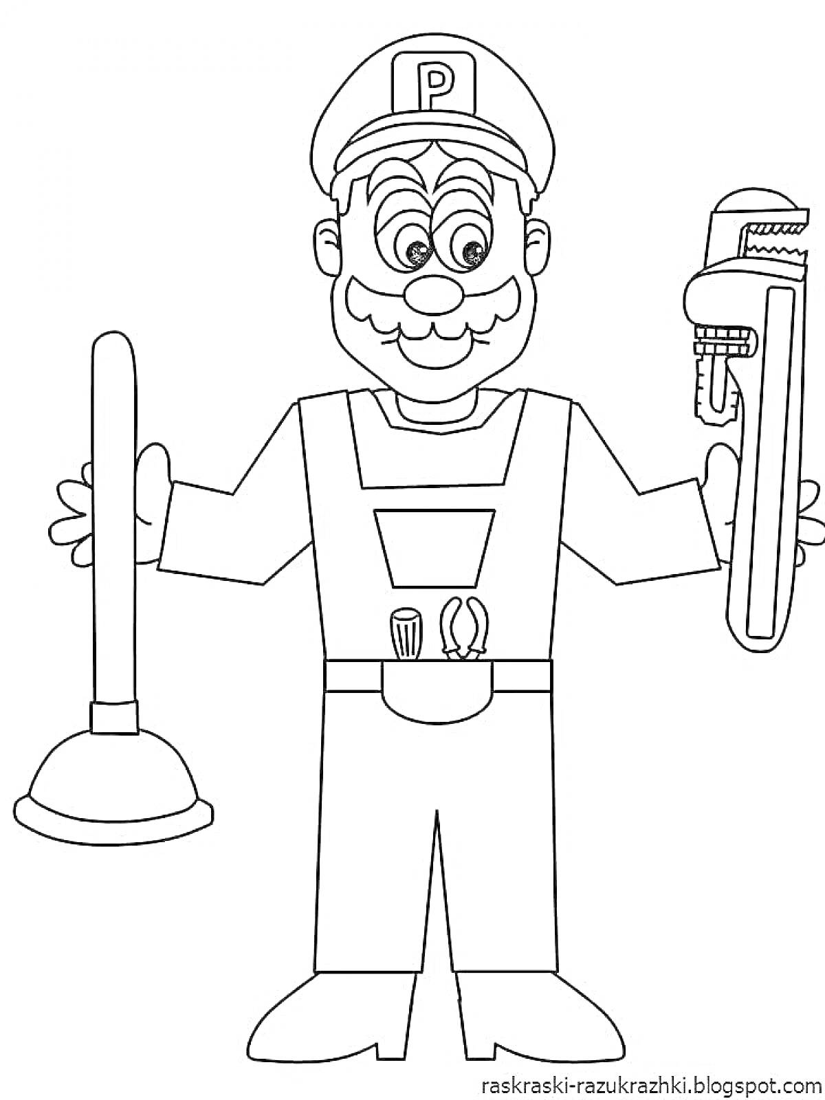 На раскраске изображено: Разводной ключ, Мужской персонаж, Рабочая одежда
