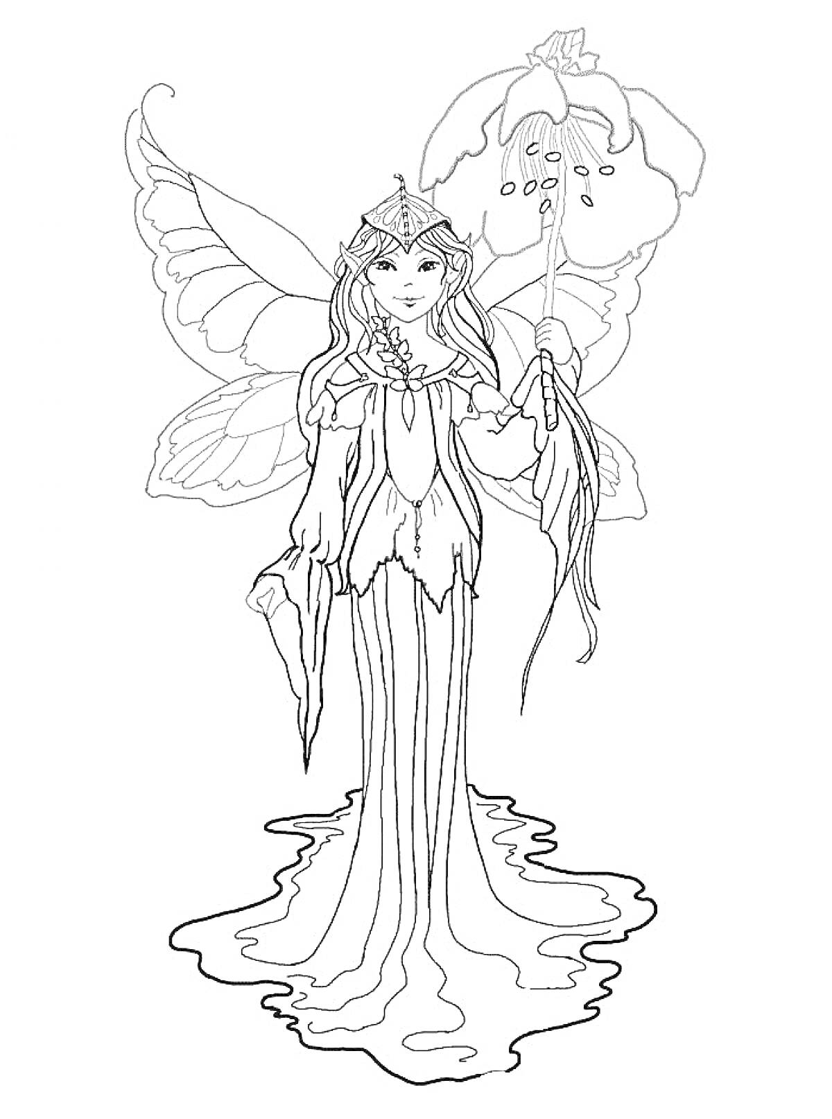 Раскраска Эльф с крыльями в длинном платье, держащий цветок