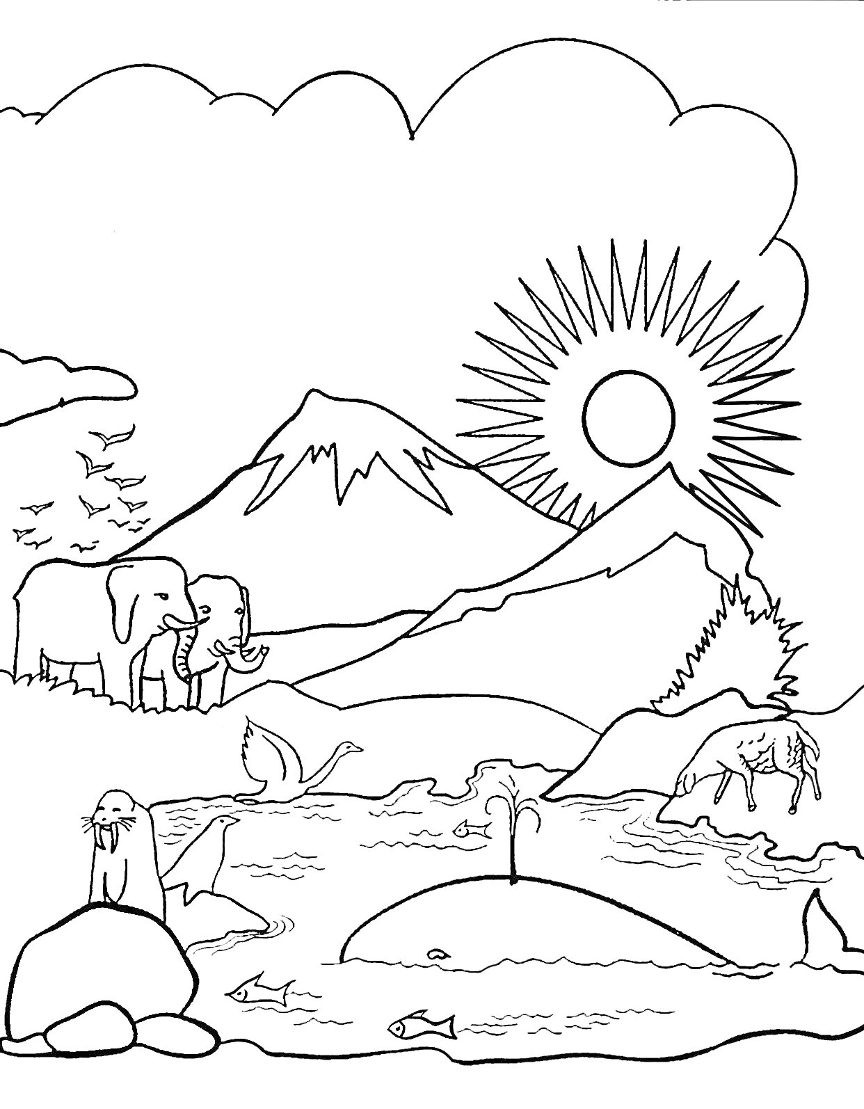 На раскраске изображено: Горы, Солнце, Облака, Животные, Река, Вода, Природа, Казахстан