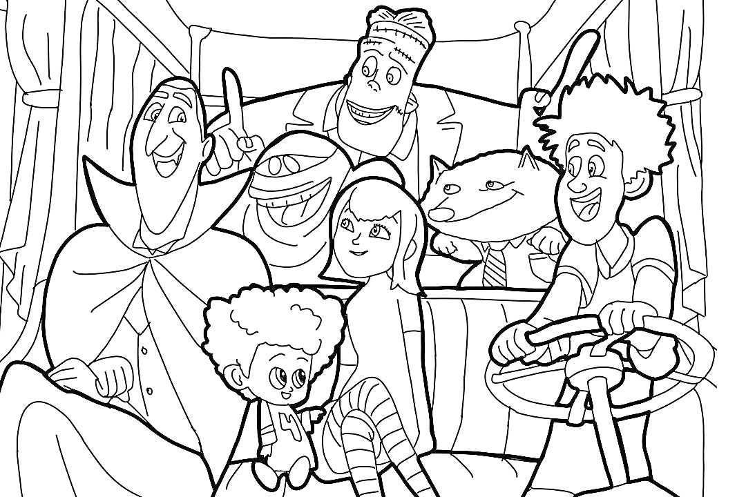 Раскраска Монстры на каникулах в автобусе. На картинке: вампир, ребенок-вампир, девочка с длинными волосами, мумия, человек-волк, водитель с кудрявыми волосами, зомби в шляпе.