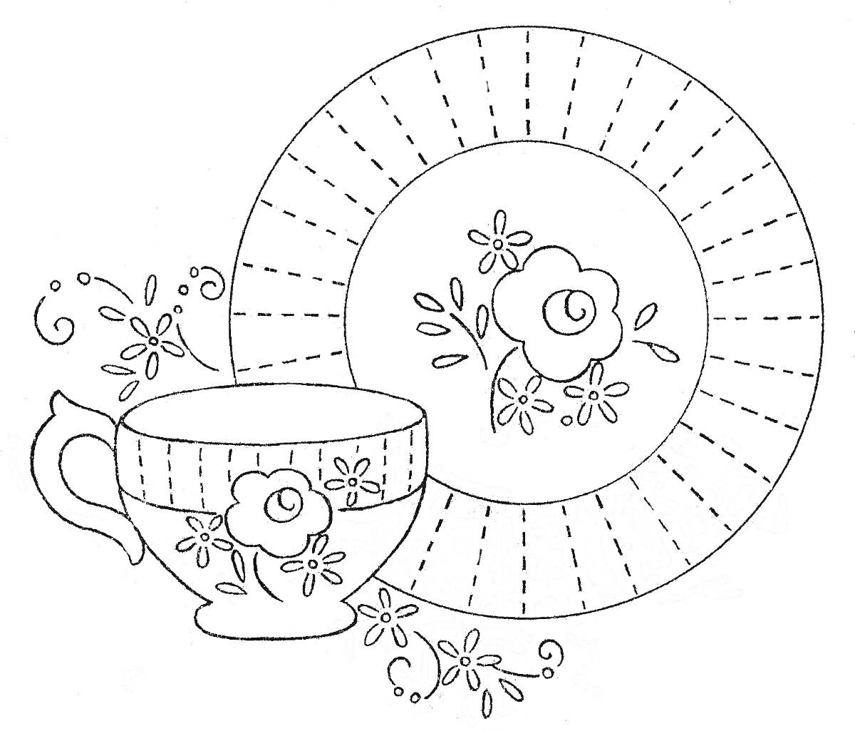 Раскраска Чашка с узором цветка, блюдце с узором цветка и орнаменты цветочной тематики
