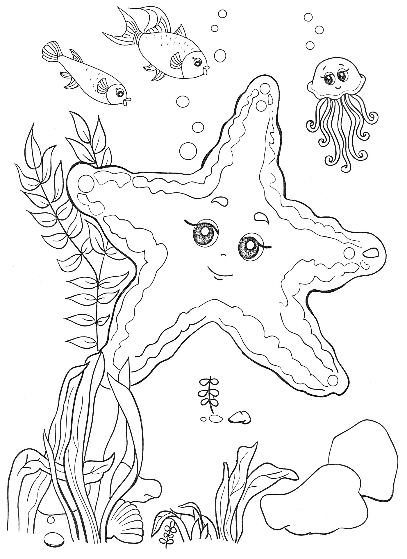 На раскраске изображено: Медуза, Водоросли, Камни, Пузыри, Подводный мир, Рыба, Морские звезды, Морские животные