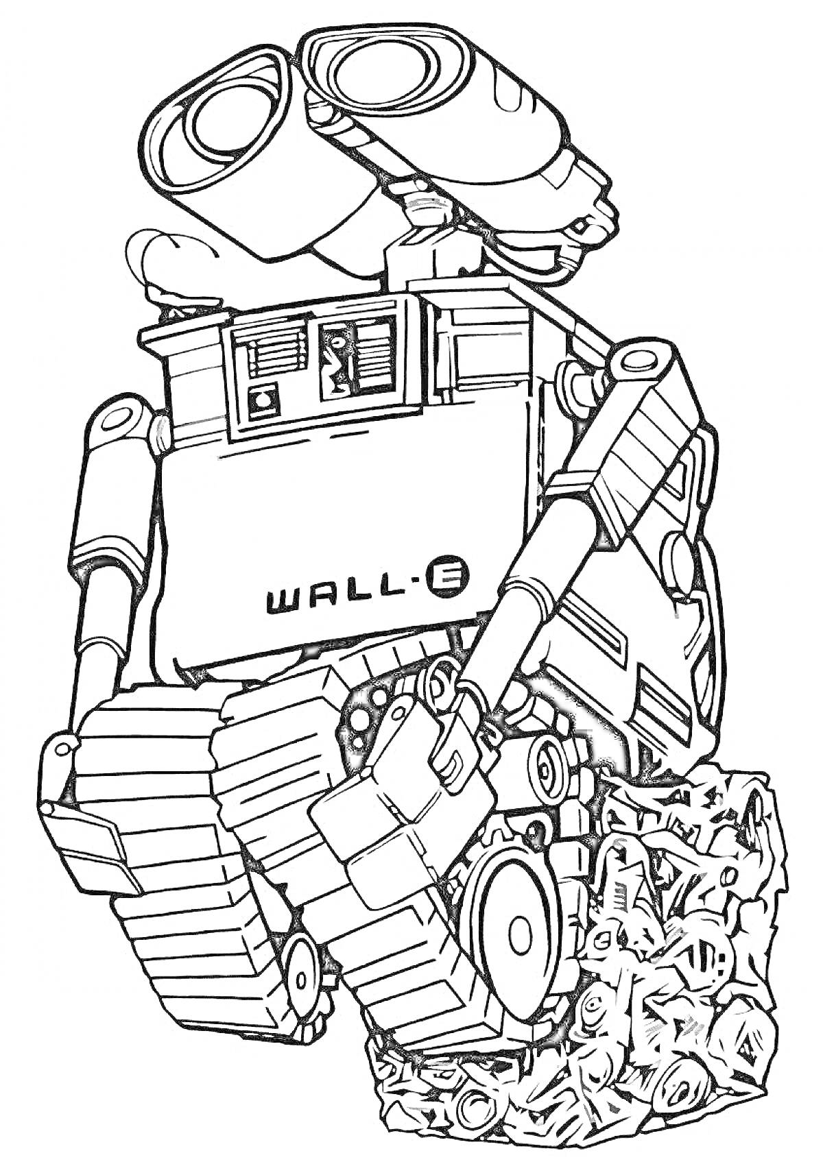 Раскраска Валли на горе мусора, робот с телескопическими глазами и гусеничным ходом