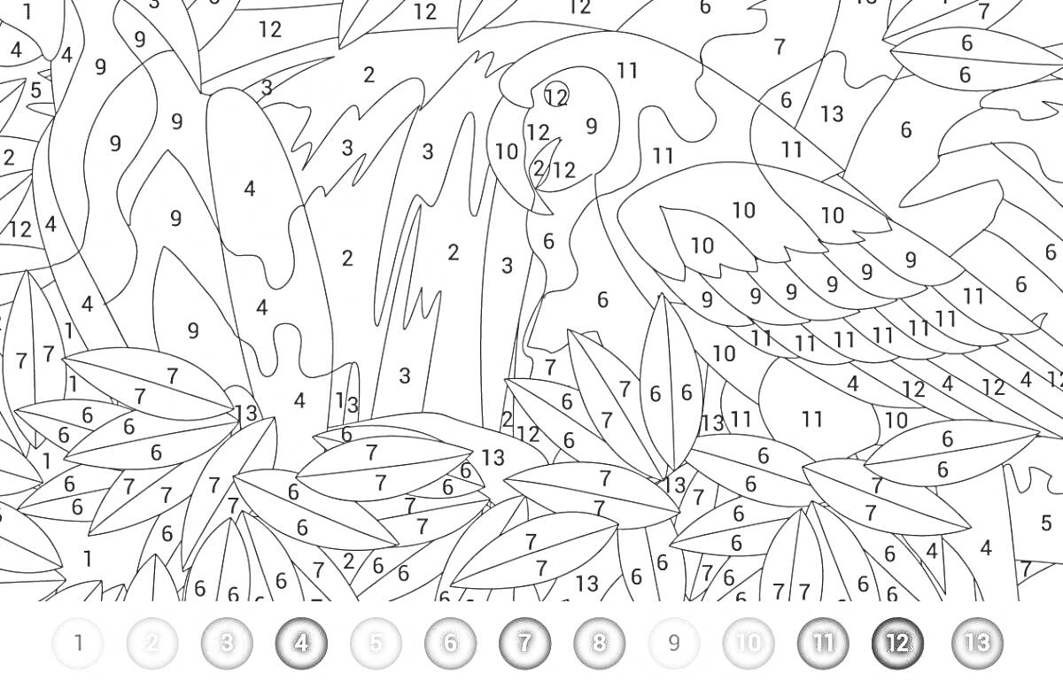Раскраска Птица среди листьев, цифры для раскрашивания