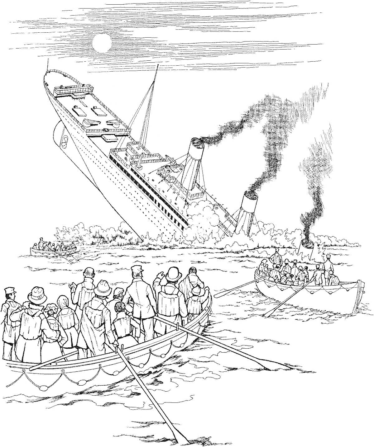 На раскраске изображено: Титаник, Корабль, Катастрофа, Тонет, Лайнер, Море, Вода, Ночь, Дым, Пассажиры