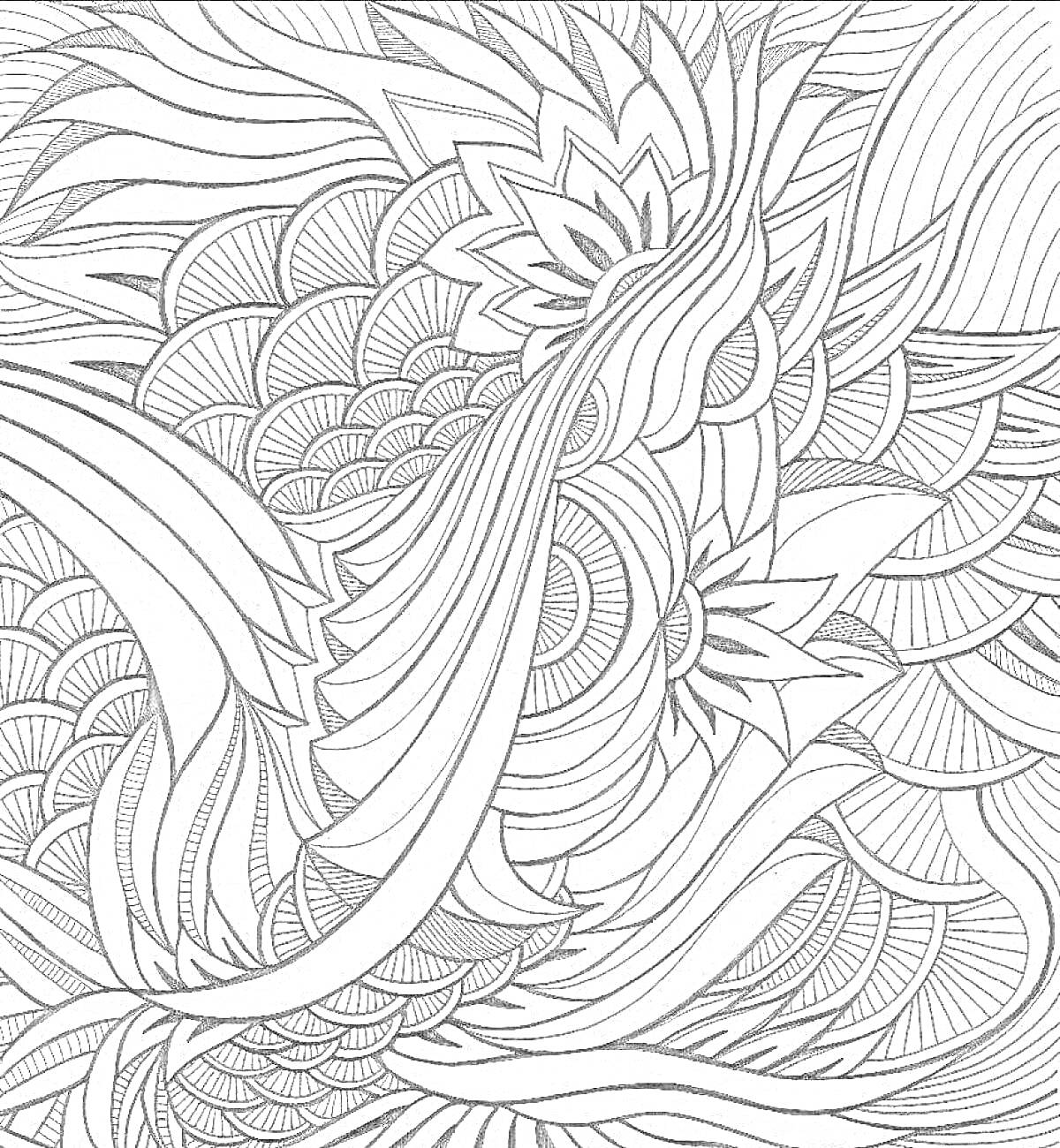 Раскраска Абстрактный узор с цветами и перьями
