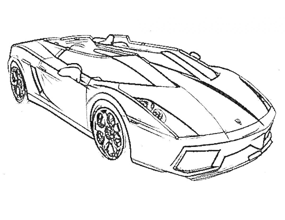 Раскраска Линиями нарисованный спортивный автомобиль Lamborghini, вид сбоку, верх, спереди, с элементами кузова, спойлер и колесами