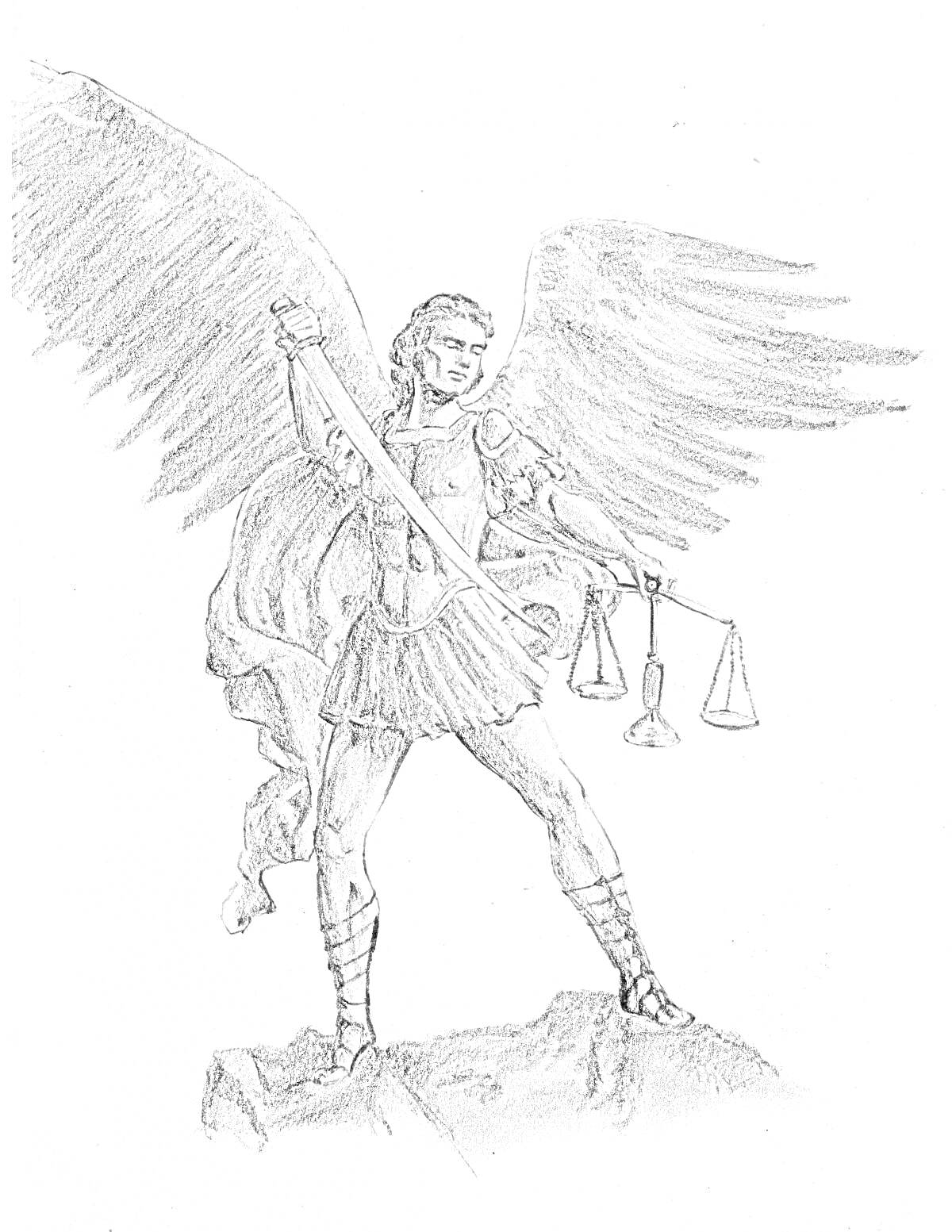 На раскраске изображено: Ангел, Меч, Весы, Крылья, Защита, Набросок, Скалы