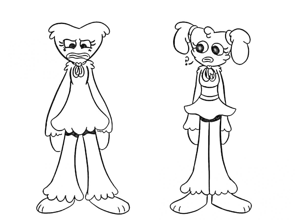 Раскраска Две куклы с большими глазами. Первая кукла с сердцевидной головой и нахмуренными бровями, вторая - с ушками и круглыми глазами.