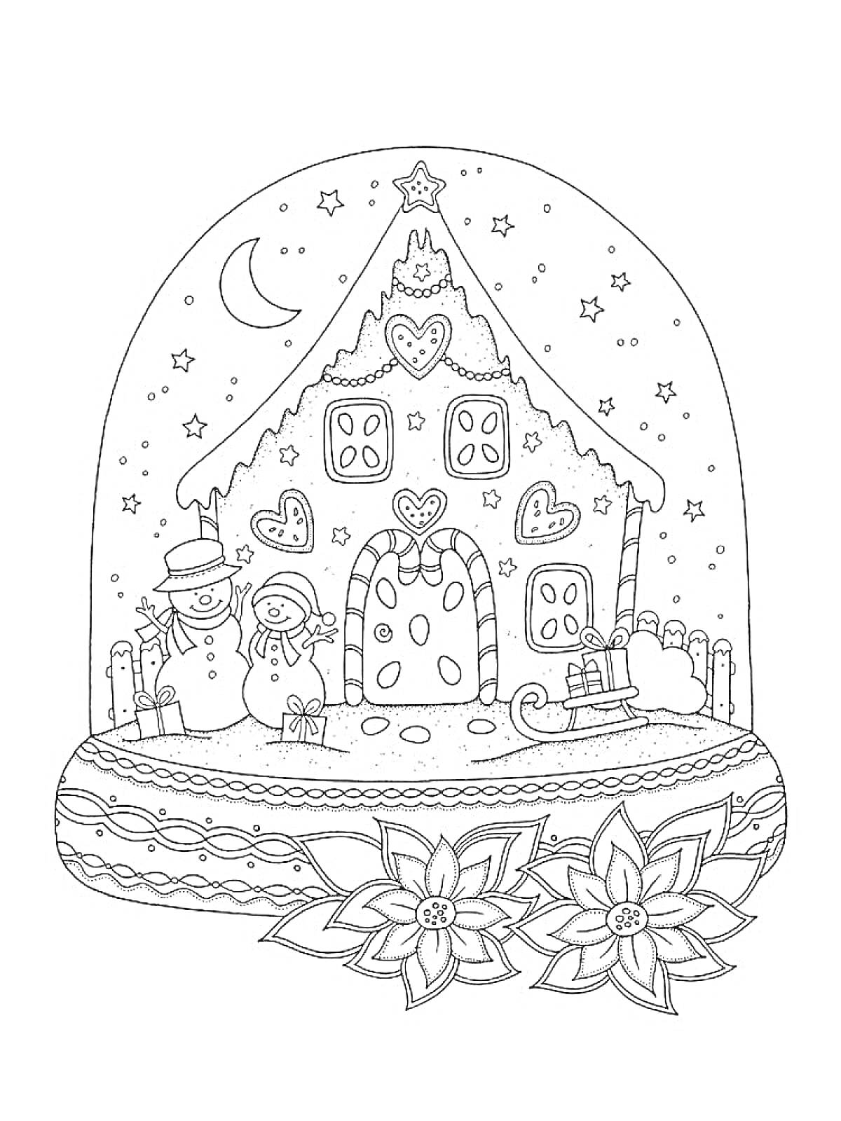 Раскраска Пряничный домик в снежном шаре с снеговиками, санками, звездами, цветами и месяцем