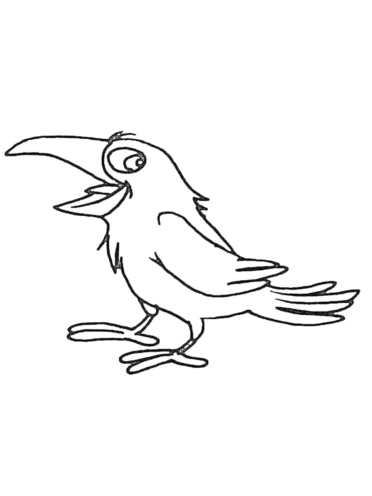Раскраска Ворона с открытым клювом во время ходьбы