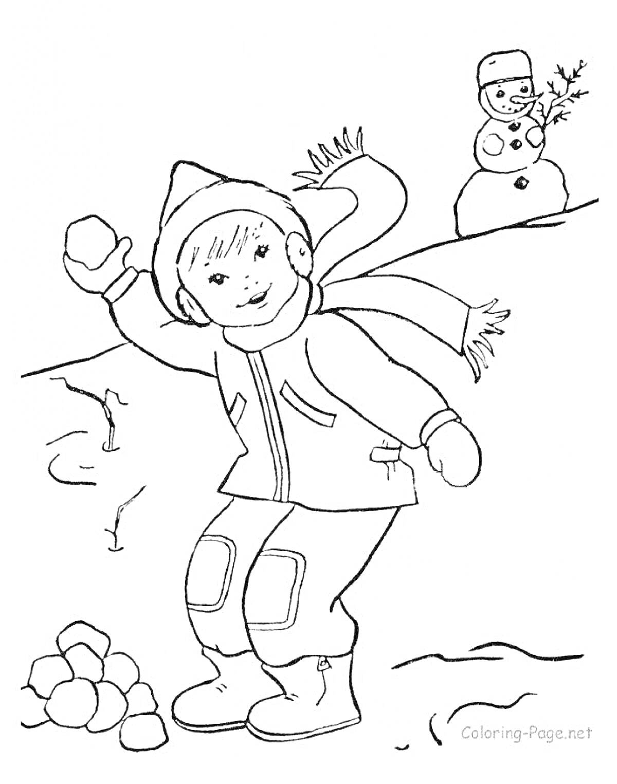 Раскраска Ребенок в зимней одежде играет в снежки, на заднем плане снеговик