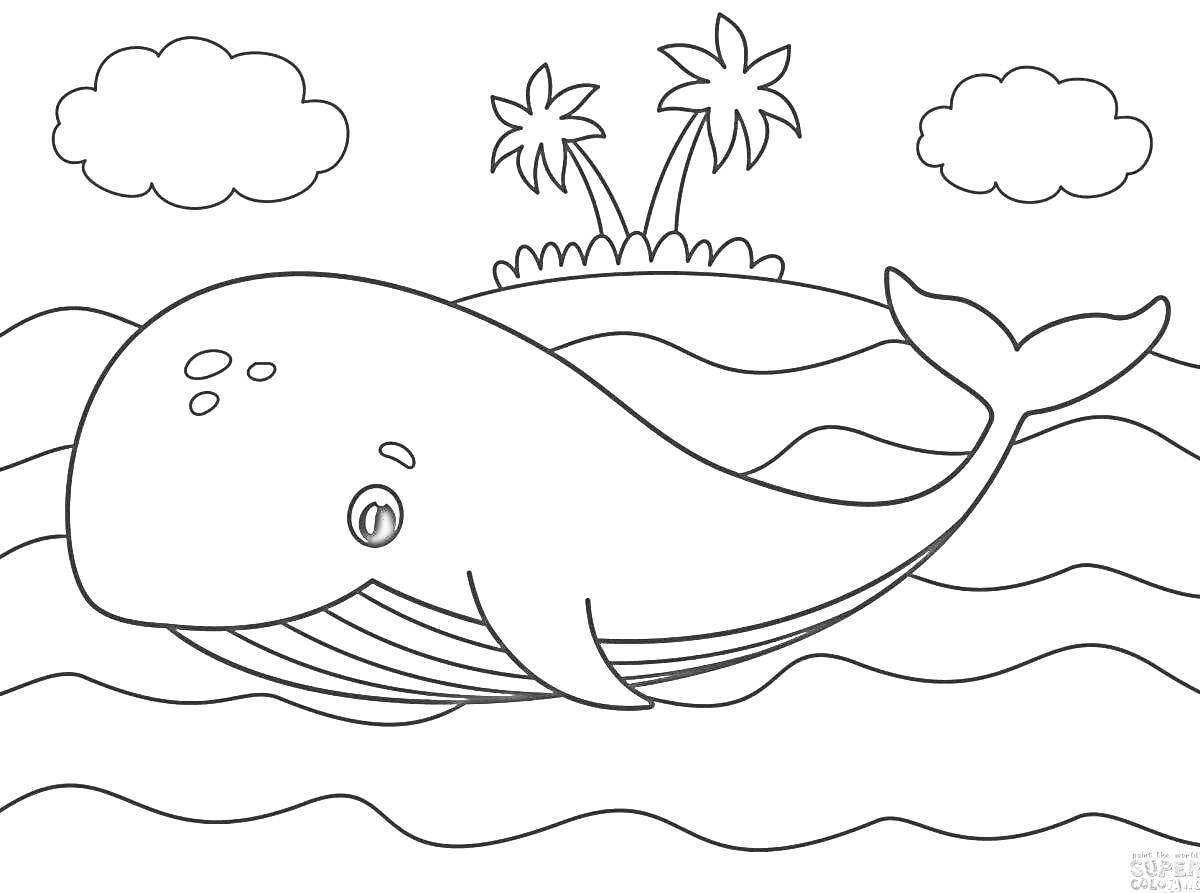 На раскраске изображено: Море, Пальмы, Облака, Природа