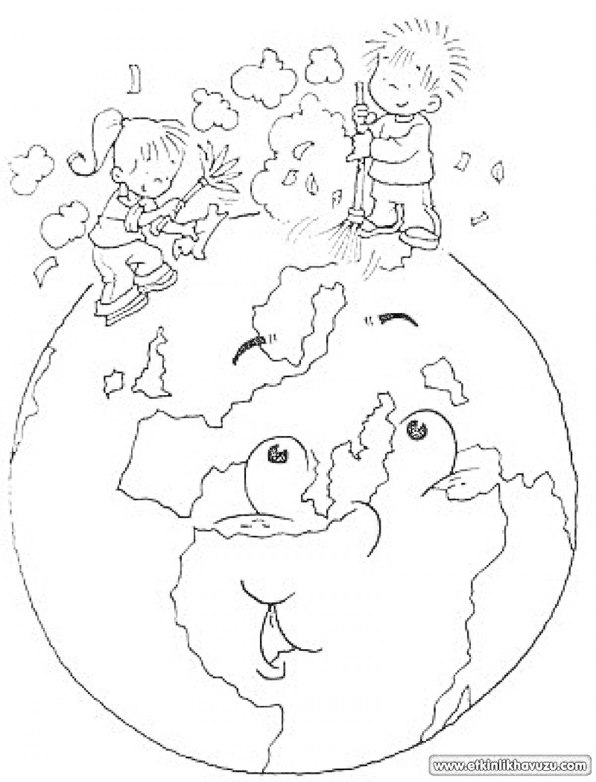 Раскраска Дети очищают Землю с изображением улыбающегося земного шара и двух детей, подметающих мусор