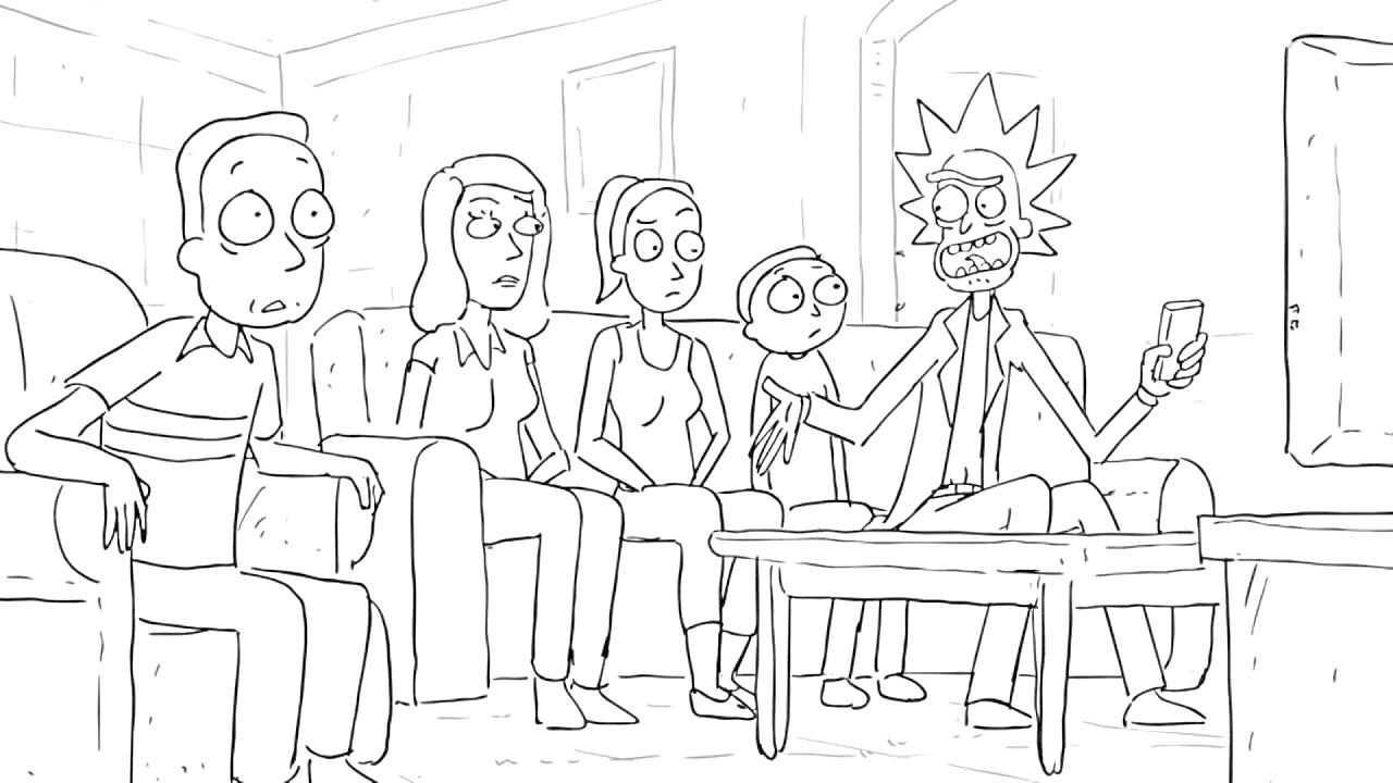 Раскраска Рик и Морти с семьей смотрят телевизор, Рик с телефоном в руке