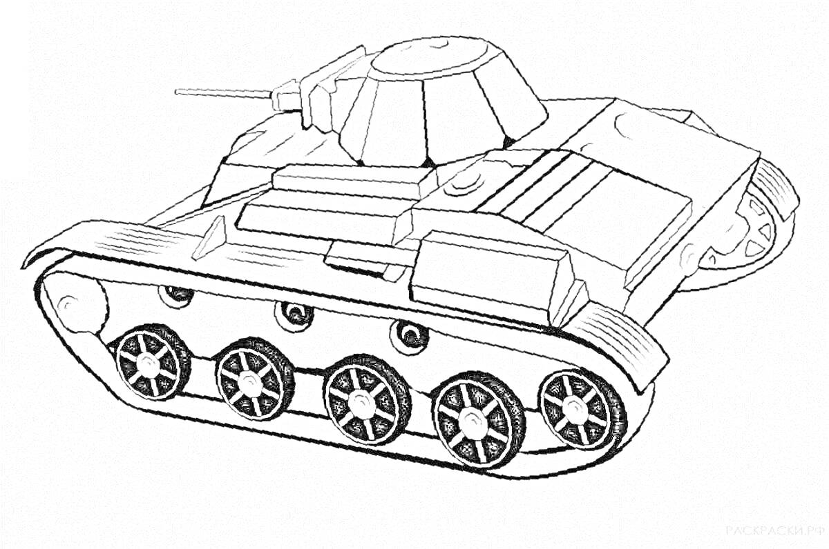 Раскраска Танк с пушкой и гусеницами, шесть колес с отверстиями, башня-купол