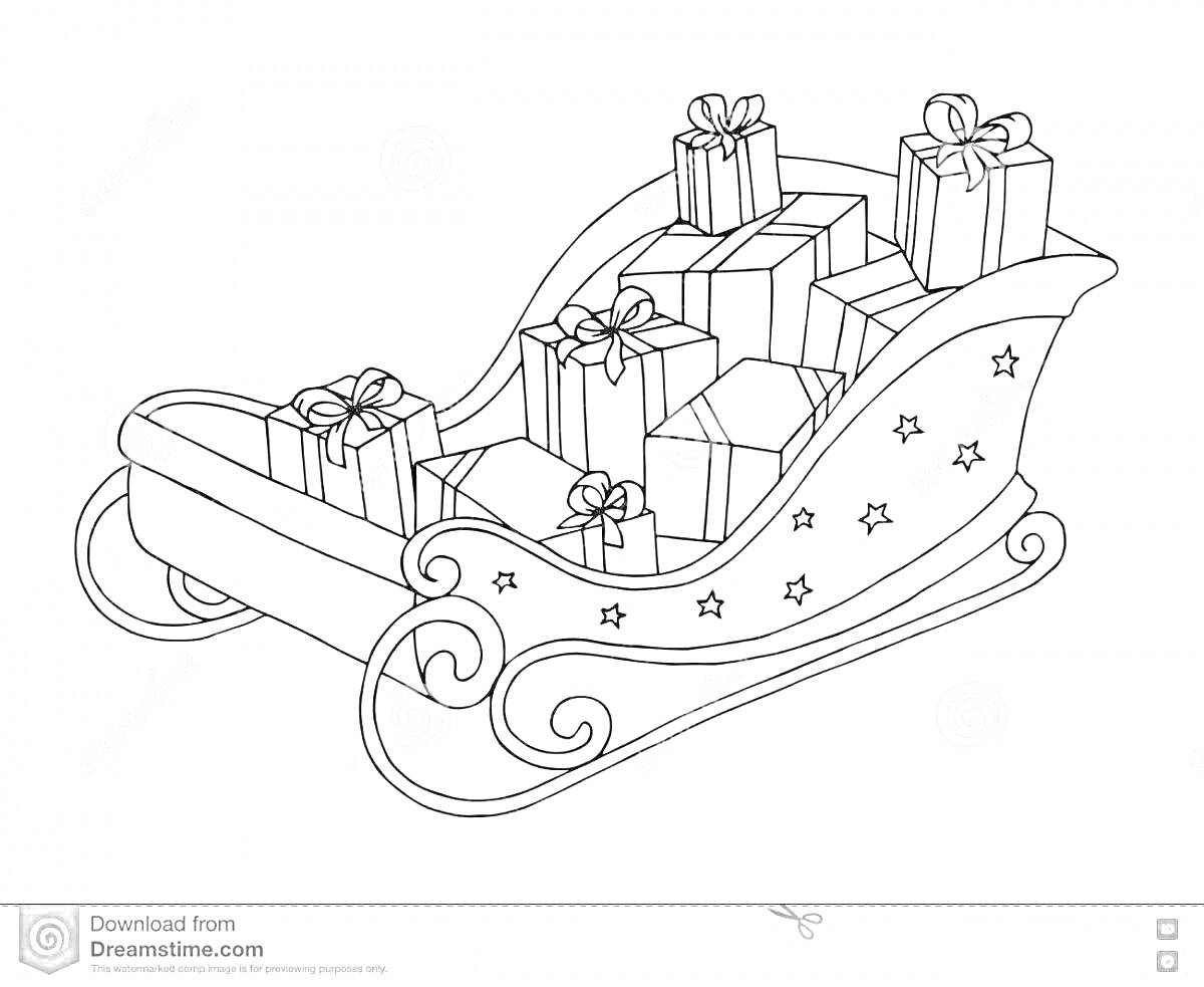 Раскраска Санки, украшенные звездами, с множеством подарков