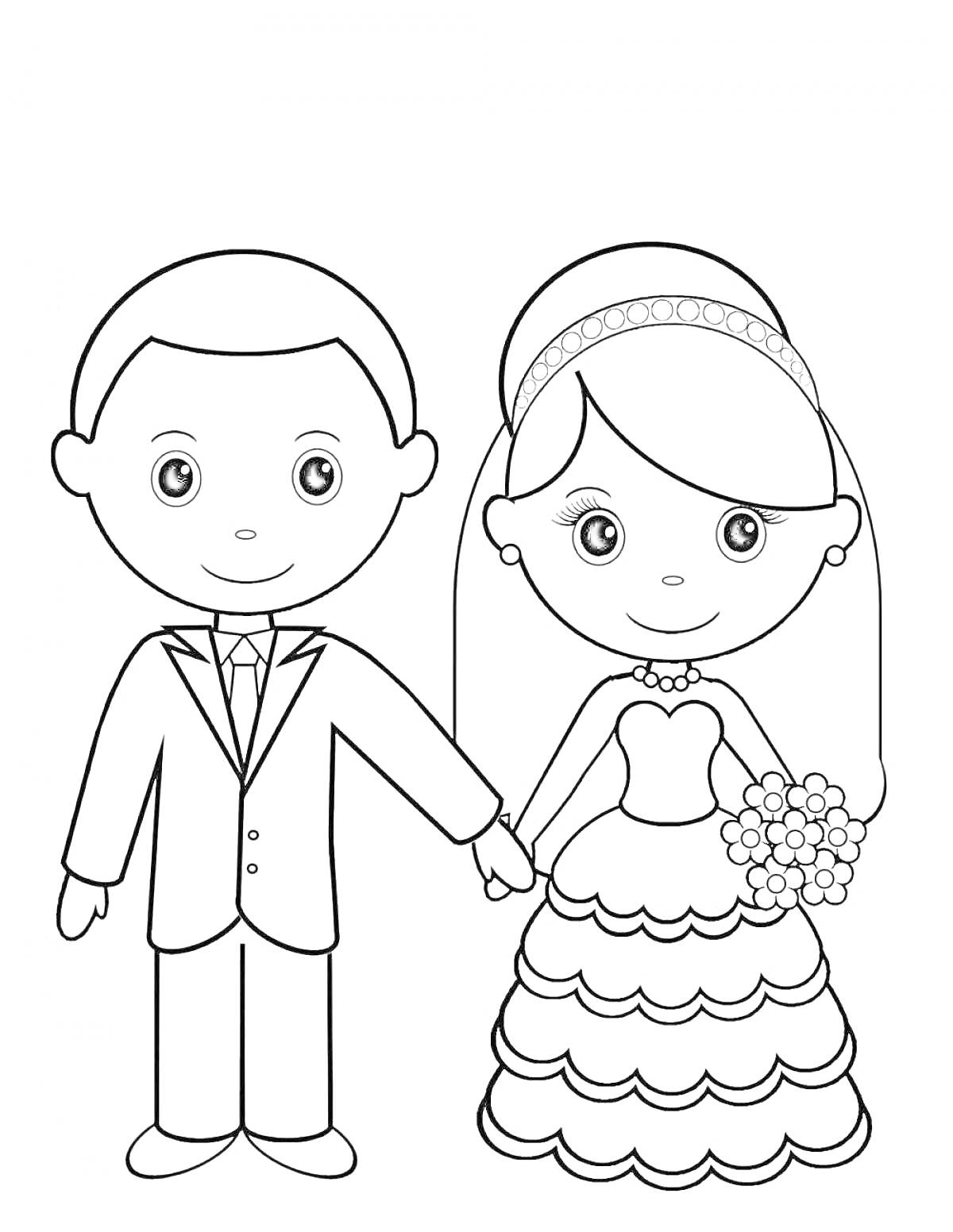 Раскраска Мужчина в костюме и девочка в свадебном платье с цветами