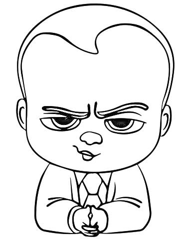 Малыш из мультфильма в костюме и галстуке с серьезным выражением лица