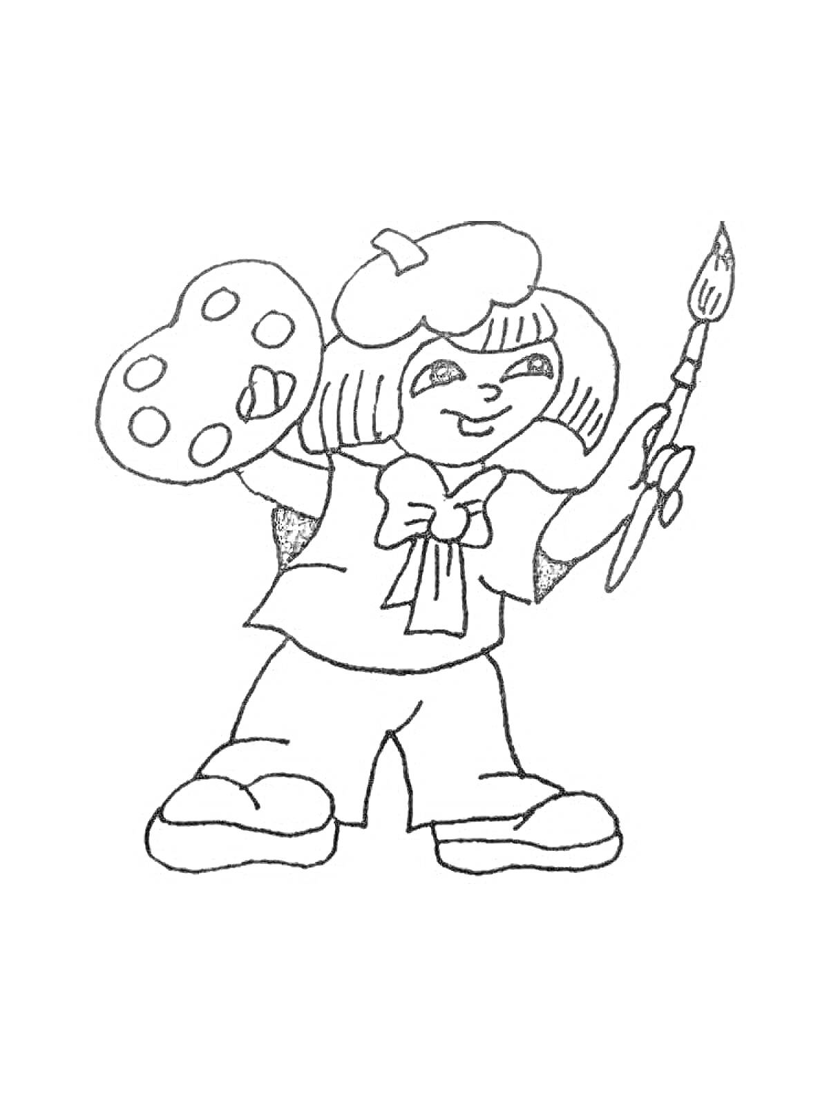 На раскраске изображено: Девочка, Художник, Палитра, Искусство, Шапка