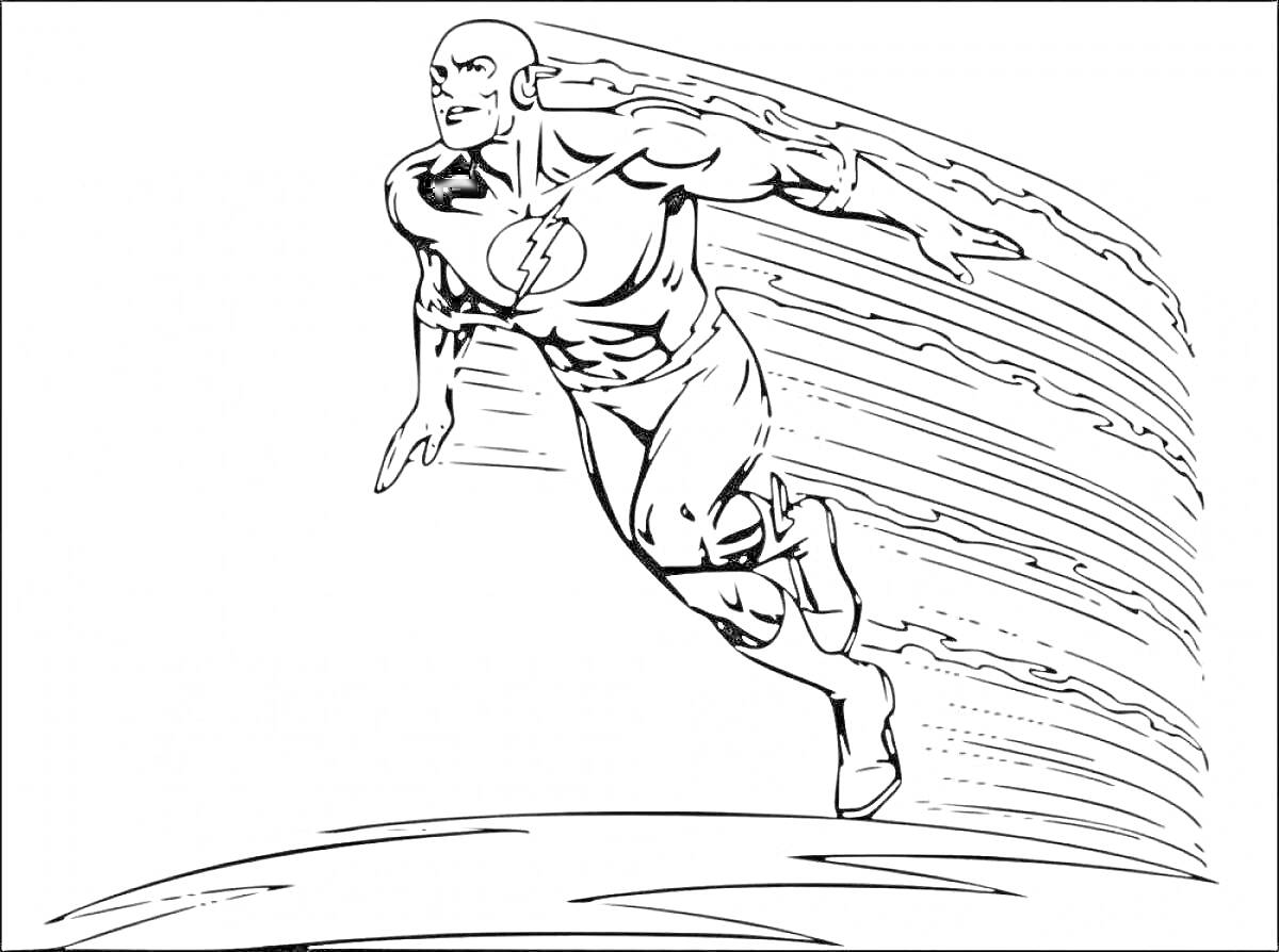 Раскраска Супергерой в костюме с молнией на груди, бегущий с большой скоростью, с эффектом движения.