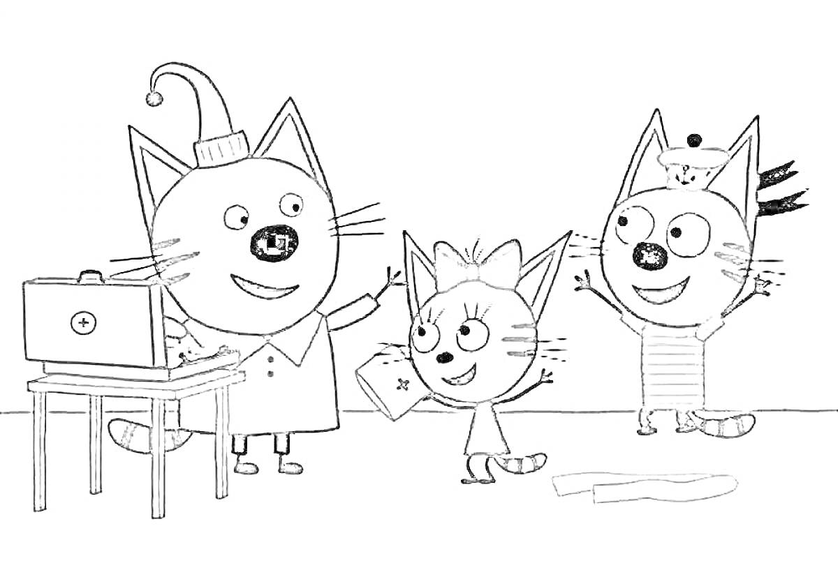 На раскраске изображено: Три кота, Подарки, Ноутбук, Стол, Для детей, 2-3 года, Шапка, Радость, Бант, Кот