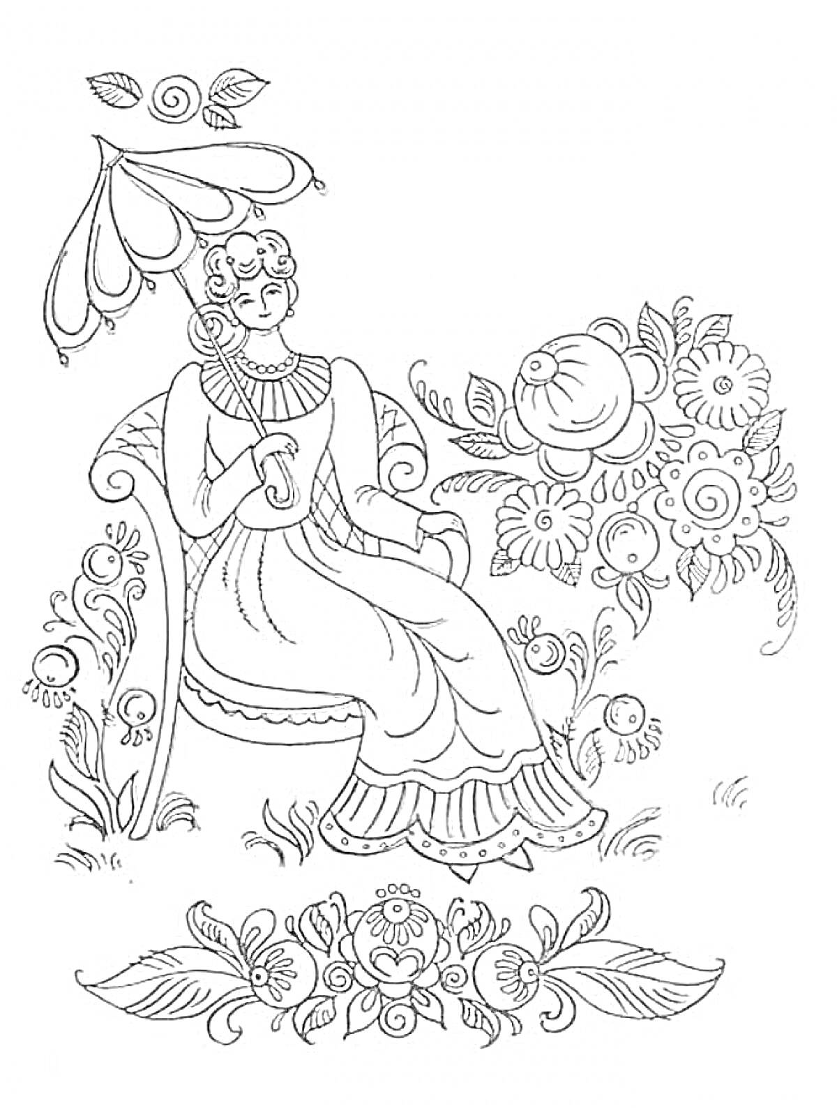 Раскраска Дама с зонтиком среди цветов