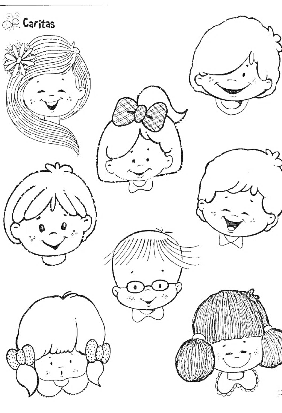 На раскраске изображено: Лицо, Мальчик, Девочка, Очки, Косички, Волосы, Цветы, Аксессуар, Бант, Прически