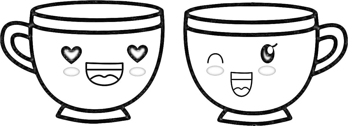 Раскраска Две чашки с кофе с выражениями лиц, одна с сердечками вместо глаз и другая подмигивающая