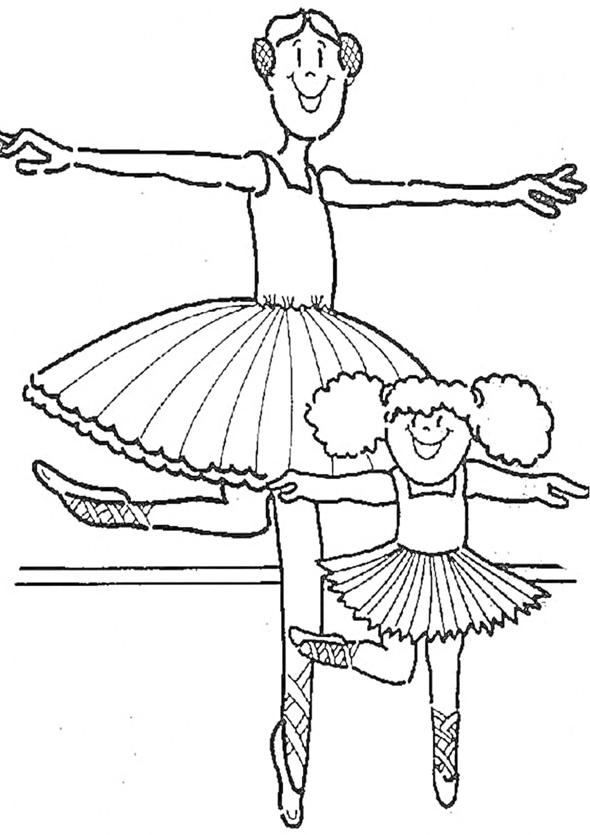 Раскраска Балерина и ребёнок-балерина в пуантах и пачках, выполняющие па.