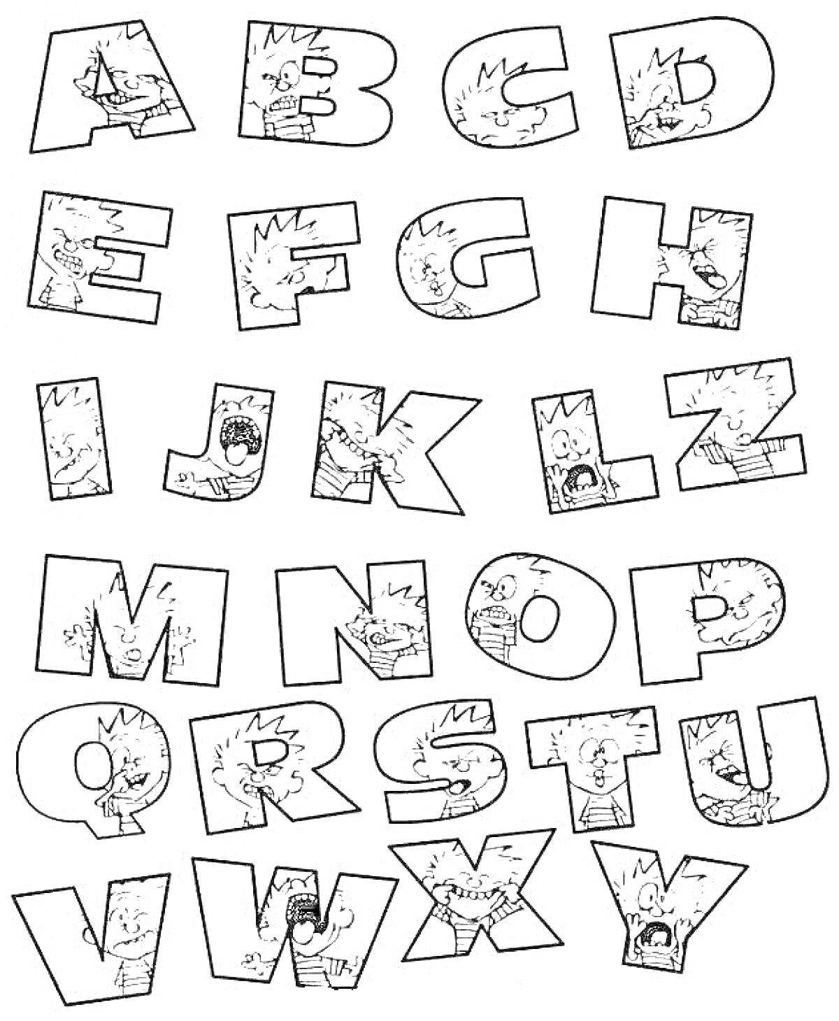 Раскраска Английский алфавит с картинками внутри букв