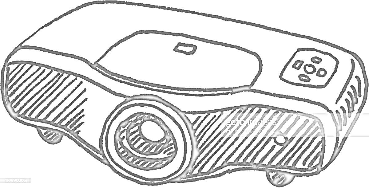 На раскраске изображено: Проектор, Объектив, Кнопки управления, Ножки, Техника, Электроника, Контурные рисунки